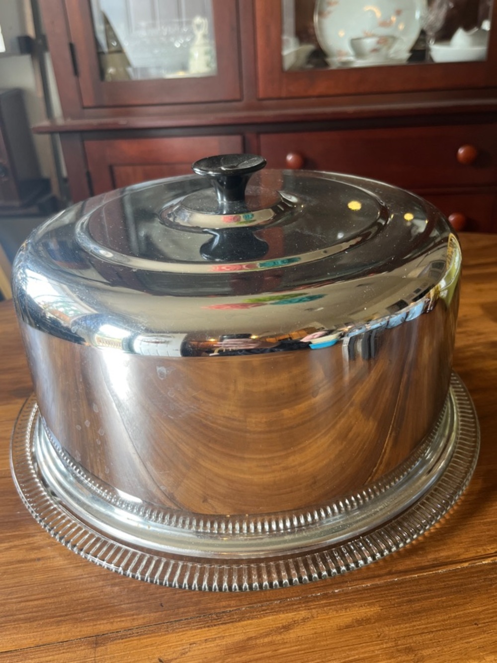 Vintage MCM Jeannette Glass Anniversary Cake Plate with Chrome Dome Cover Saver